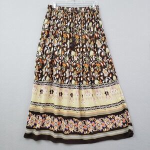 Gypsy Blu Women L Brown Floral Boho Rayon Maxi Skirt Lined Elastic Waist READ‎